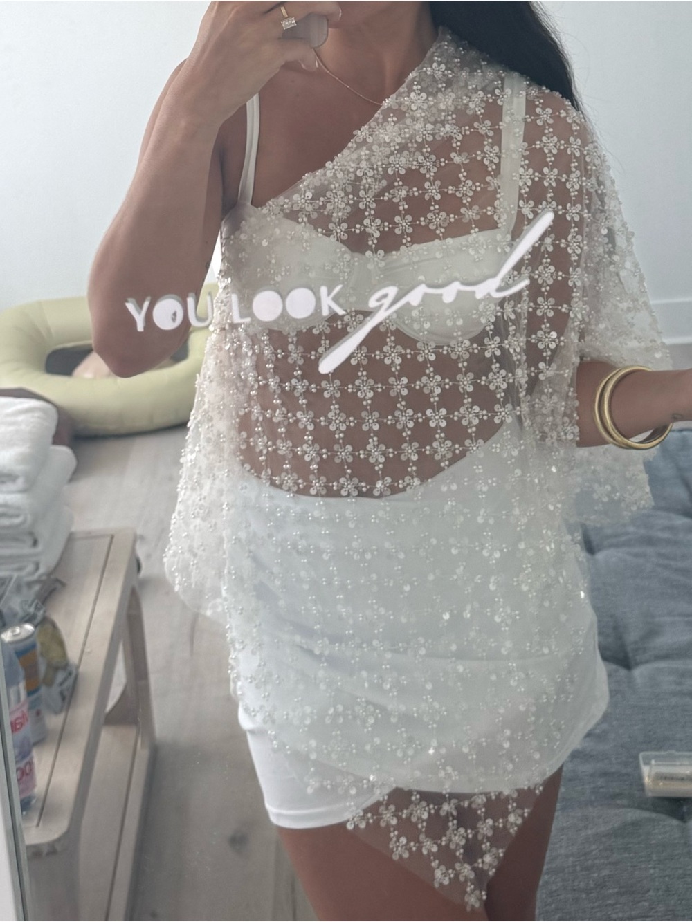 Womens Ivory Sequin Floral Overlay Dress or Coverup